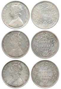 Victoria Queen, Silver Rupee (3), 1862 B / IIa / 0 / 0, Four pineapple, B / II / 0 / 0 and