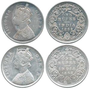 Victoria Queen, Silver Rupee (2), 1862, Calcutta Mint, A / II (a) / 0 / 0 with Three Pinea