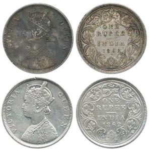 Victoria Queen, Silver Rupee (2), 1862, A / IIa / 0 / 0 and B / IIa / 0 / 0, both with 4 P