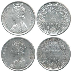 Victoria Queen, Silver Rupee (2), 1862, A / II (a) / 0 / 0 and B / II (a) / 0 / 0, both wi