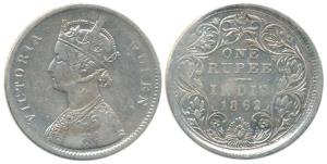 Victoria Queen, Silver Rupee, 1862, A / II (a) / 0 / 0, 3 Pineapple, Die shifting Error. A