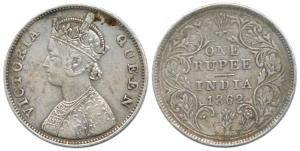 Victoria Queen, Silver Rupee, 1862, Rev II, thick lettering Variety, Bombay Mint. Very Fin