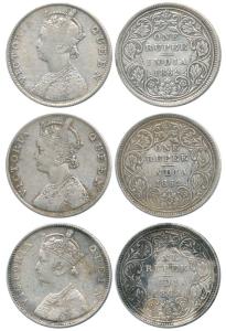 Victoria Queen, Silver Rupee (3), 1862, B / II / 0 / 0 Bombay Mint; B / II / 0 / 0, Madras