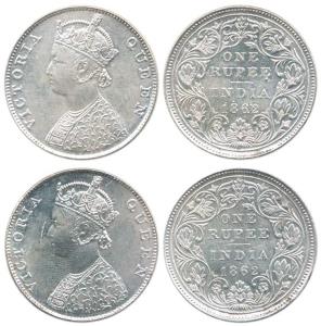 Victoria Queen, Silver Rupee (2), 1862, Madras Mint, B / II / 0 / 0, Queen's Bodice Embroi