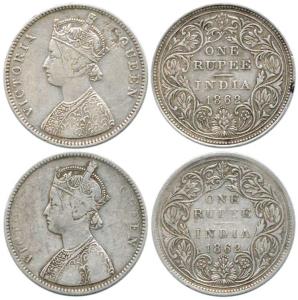 Victoria Queen, Silver Rupee (2), 1862, A / II / 0 / 5. Fine to Very Fine. (2)