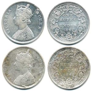 Victoria Queen, Silver Rupee (2), 1862, Bombay Mint, A / II / 0 / 5. Fine+ to About Very F