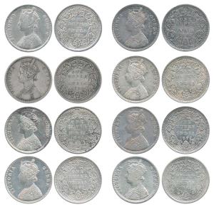 Victoria Queen, Silver Rupee (8), 1862, A / I / 0 / 0 with crescent (2), A / II / 0 / 5 (2