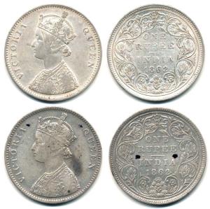Victoria Queen, Silver Rupee (2), 1862, A / II / 0 / 10, broken alphabets of Victoria lett