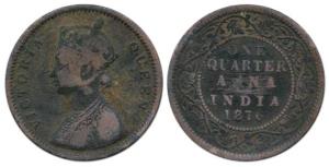 Victoria Queen, Copper ¼ Anna, 1876, Bombay Mint, Bust A, rev I. About Fine for the type, 