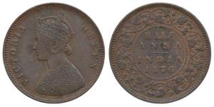 Victoria Queen, Copper ½ Anna, 1876, Calcutta Mint, obv. Bust B. Extremely Fine,Very Rare.