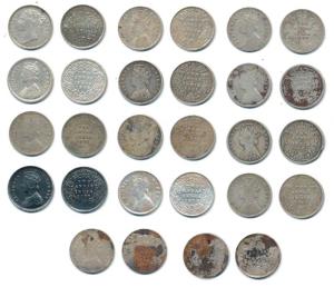 Victoria Queen and Empress, Silver 2 Annas (14), 1841 divided legend, 1862, 1875, 1877, 18