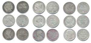 Victoria Queen and Empress, Silver ¼ Rupee (9), 1840 divided legend, 1862 (2), 1876 (3), 1