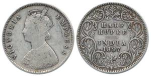Victoria Empress, Silver ½ Rupee, 1897, Calcutta Mint, obv. A, rev. I, 'C' incuse. Fine.