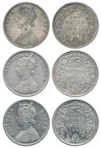 Victoria Queen, Silver Rupee (3), 1874, A2 / II / no dot; 1875, A2 / II / dot and 1876, A 
