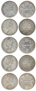 Victoria Queen / Empress, Silver Rupee (5), 1874. A / I, Calcutta Mint, 1874 A / II, Bomba