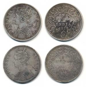 Victoria Queen, Silver Rupee (2), 1875, Bombay Mint, A2 / II / dot; 1876, A2 / II / dot. F