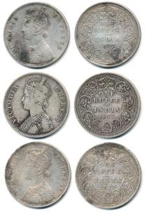 Victoria Empress, Silver Rupee (3), 1877, Bombay Mint, A3 / II / dot; A2 / II / dot and A3