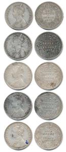 Victoria Empress, Silver Rupee (5), 1877, First Calcutta Mint, remaining Bombay Mint. A1 /