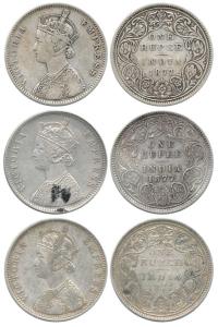 Victoria Empress, Silver Rupee (3), 1877 A1 / I No mm, A3 / II / dot and A2 / II / dot; 3 
