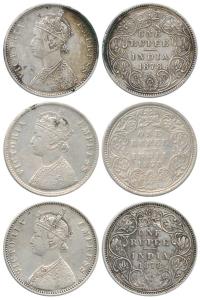 Victoria Empress, Silver Rupee (3), 1878 A / I / No mm Calcutta Mint; A / II / dot (2) Bom