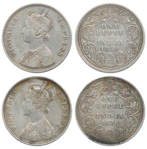 Victoria Empress, Silver Rupee (2), 1878, A / I / No mm; A / II / dot. Very Fine. (2)