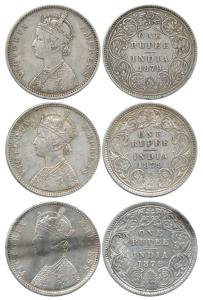 Victoria Empress, Silver Rupee (3), 1879, A / I 'C' incuse; A / I / dot; A / II / dot. Abo