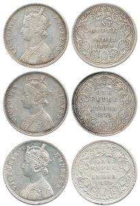 Victoria Empress, Silver Rupee (3), 1879, A / I / 'C' incuse, A / II / dot; A / I / dot. A