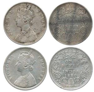 Victoria Empress, Silver Rupee (2), 1880, A / I / 'C' incuse and A / I / dot, both differe