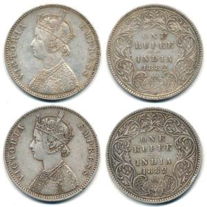 Victoria Empress, Silver Rupee (2), 1882, Bombay Mint, obv. A3, rev. I, with dot. Very Fin