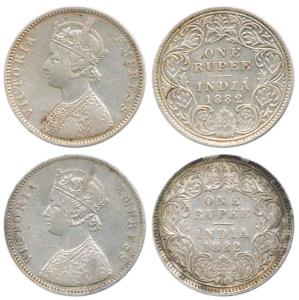 Victoria Empress, Silver Rupee (2), 1882, A / I / 'C' incuse and A / I / dot. About Very F