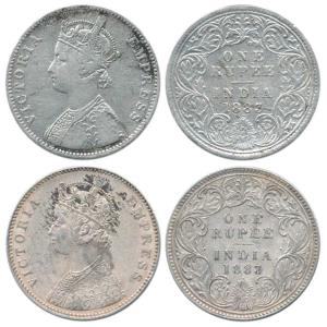 Victoria Empress, Silver Rupee (2), 1883, obv. A3 / rev. I 'B' raised and dot. Fine+ to Ve
