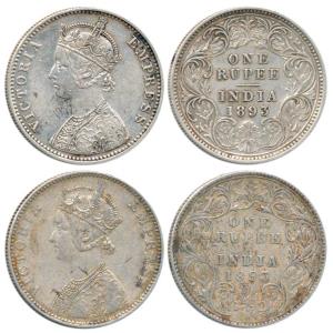 Victoria Empress, Silver Rupee (2), 1883, C / I / 'C' incuse; C / I / 'B' incuse. Very Fin