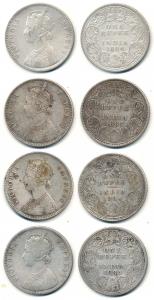 Victoria Empress, Silver Rupee (4), 1884, Calcutta Mint, A1 / I / No Mint Mark; Bombay Min