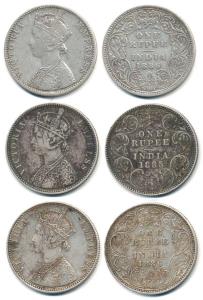 Victoria Empress, Silver Rupee (3), 1885, Bombay Mint, A3 / I / 'B' raised; 1886, C2 / I /