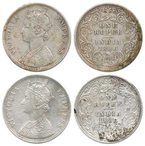 Victoria Empress, Silver Rupee (2), 1886, C2 / I / 'C' incuse (Mule) and C2 / I / 'B' incu