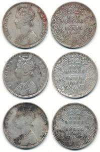 Victoria Empress, Silver Rupee (3), 1887, Bombay Mint, C2 / I / 'B' incuse (Inverted). Fin