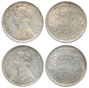 Victoria Empress, Silver Rupee (2), 1888, C3 / I / C incuse. About Extremely Fine, Rare. (