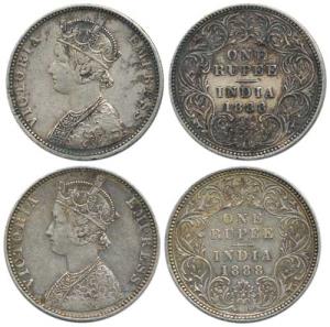 Victoria Empress, Silver Rupee (2), 1888, Bombay Mint, C2 / I / 'B raised. Very Fine+. (2)