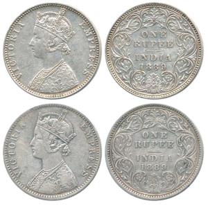 Victoria Empress, Silver Rupee (2), 1889, C / I / 'C' incuse and C / I / 'B' incuse. Fine+