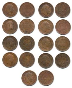 Edward VII, Bronze and Copper ½ Pice (9), 1903, 1904, 1905, 1906 Bronze, 1906 Copper, 1907