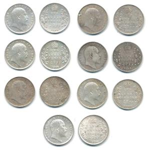 Edward VII, Silver 2 Annas, (7) 1903, 1904, 1905, 1906, 1907, 1908 and 1910. Very Fine+ to