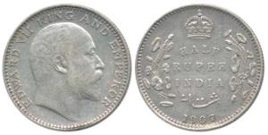 Edward VII, Silver ½ Rupee, 1907, 'B' incuse / dot, Bombay Mint. Very Fine+, Rare.
