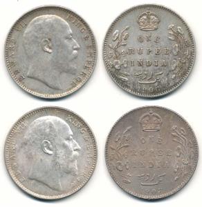 Edward VII, Silver Rupee (2), 1906, 1907, Both 'B' incuse and dot. Very Fine+ to Extremely