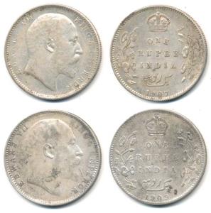 Edward VII, Silver Rupee (2), 1907, Calcutta Mint, 1909, Bombay Mint. Very Fine+, Rare. (2