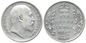 Edward VII, Silver Rupee, 1908, 'B' Incuse / dot, '8' of date struck over '7'. Very Fine+,