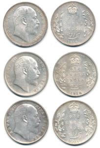 Edward VII, Silver Rupee (3), 1910, Calcutta Mint, 1910, Bombay Mint (2). About Uncirculat