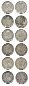 George V, Silver 2 Annas (6), 1912, 1913, 1914, 1915 (Scarce), 1916, 1917. Fine+ to Very F