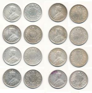George V, Silver ½ Rupee (8), 1921 Calcutta Mint, 1922 Calcutta Mint, 1925 Calcutta Mint, 