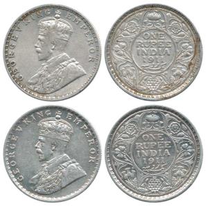George V, Silver Rupee (2), 1911, Bombay Mint, Pig Rupee with dot. Very Fine, Scarce. (2)