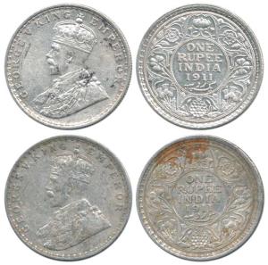 George V, Silver Rupee (2), 1911, Pig Rupee, without dot, Calcutta; 1911 with dot, Bombay 